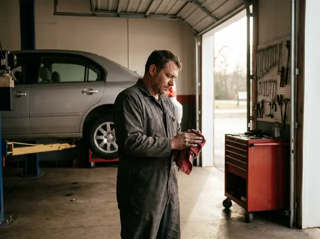 Auto repair AI receptionist for service calls Independent auto mechanic next to a sedan on a lift, with the AI Phone 360 receptionist catching every service call.