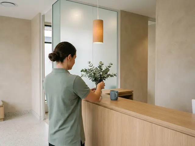 Dental AI receptionist for bookings Calm dental practice reception counter with eucalyptus, where the AI Phone 360 receptionist confirms appointments and cuts no-shows.