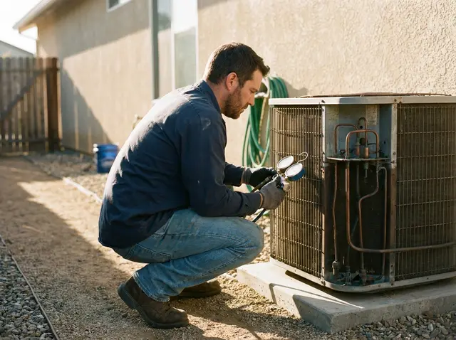 HVAC AI receptionist in action HVAC technician inspecting a residential condenser, supported by the AI Phone 360 receptionist for after-hours dispatch.