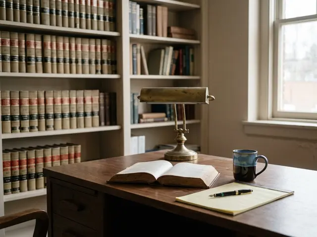 Law firm AI receptionist for intake Quiet small-firm law office with walnut desk and legal pad, while the AI Phone 360 receptionist handles client intake calls.