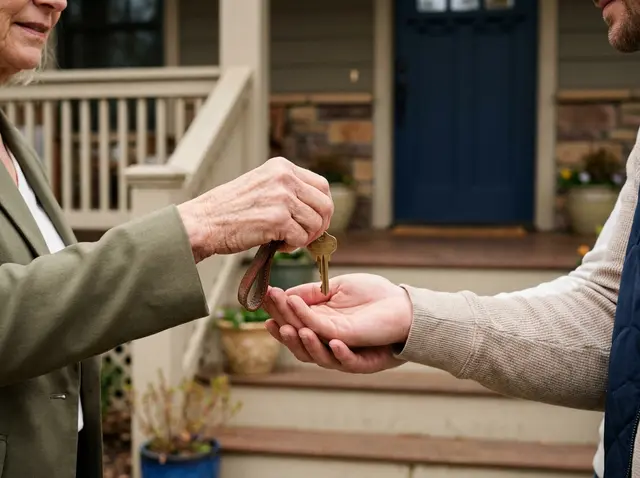 Real estate AI receptionist for buyers Real estate agent handing keys to a young couple on a craftsman porch, with the AI Phone 360 receptionist booking showings in the background.