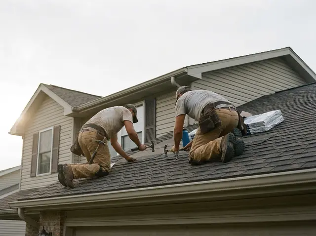 Roofing AI receptionist for storm calls Roofers laying charcoal shingles on a residential pitched roof while the AI Phone 360 receptionist fields storm damage calls.