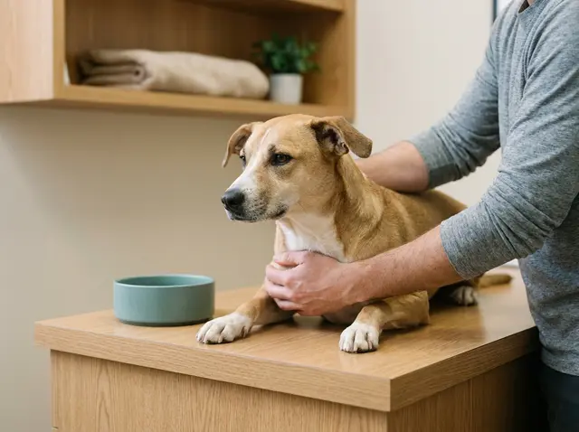 Veterinary AI receptionist for pet calls Calm tan dog held gently on a veterinary counter, while the AI Phone 360 receptionist routes pet emergencies to the on-call team.